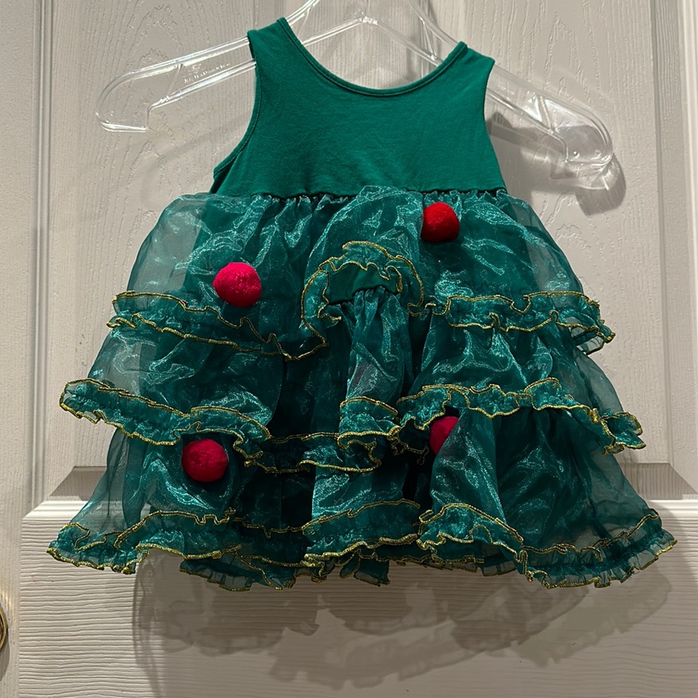 H&M Christmas Tree Girls Green Sleeveless Ruffle Dress size 2-3T